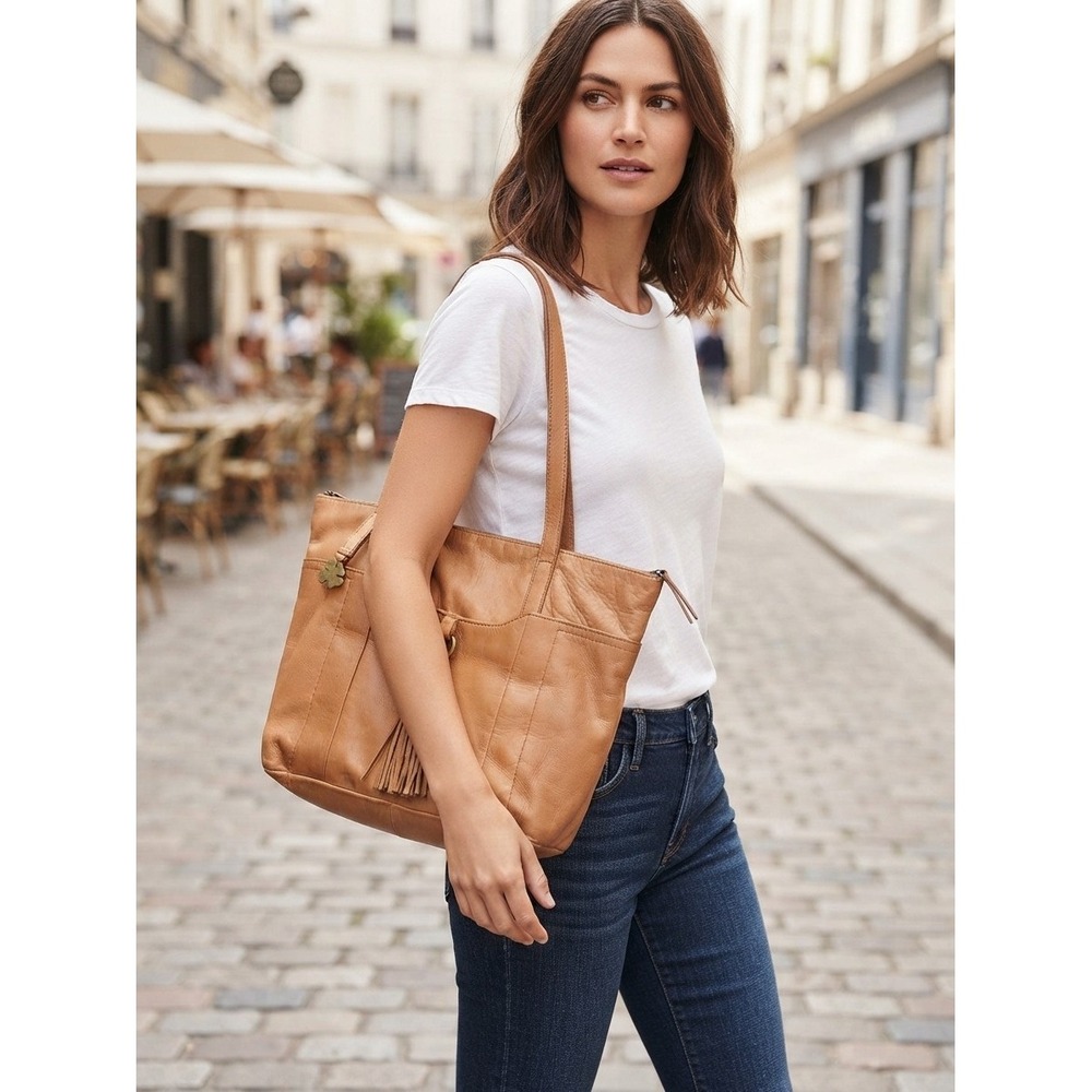 Lucky Brand Tan Brown Genuine Leather Tote Shoulder Bag Purse Tassel Top LG Boho